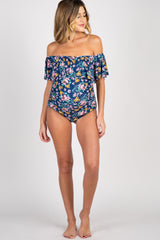 Blue Floral Ruffle Trim Ruched One-Piece Maternity Swimsuit