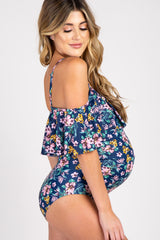 Blue Floral Ruffle Trim Ruched One-Piece Maternity Swimsuit