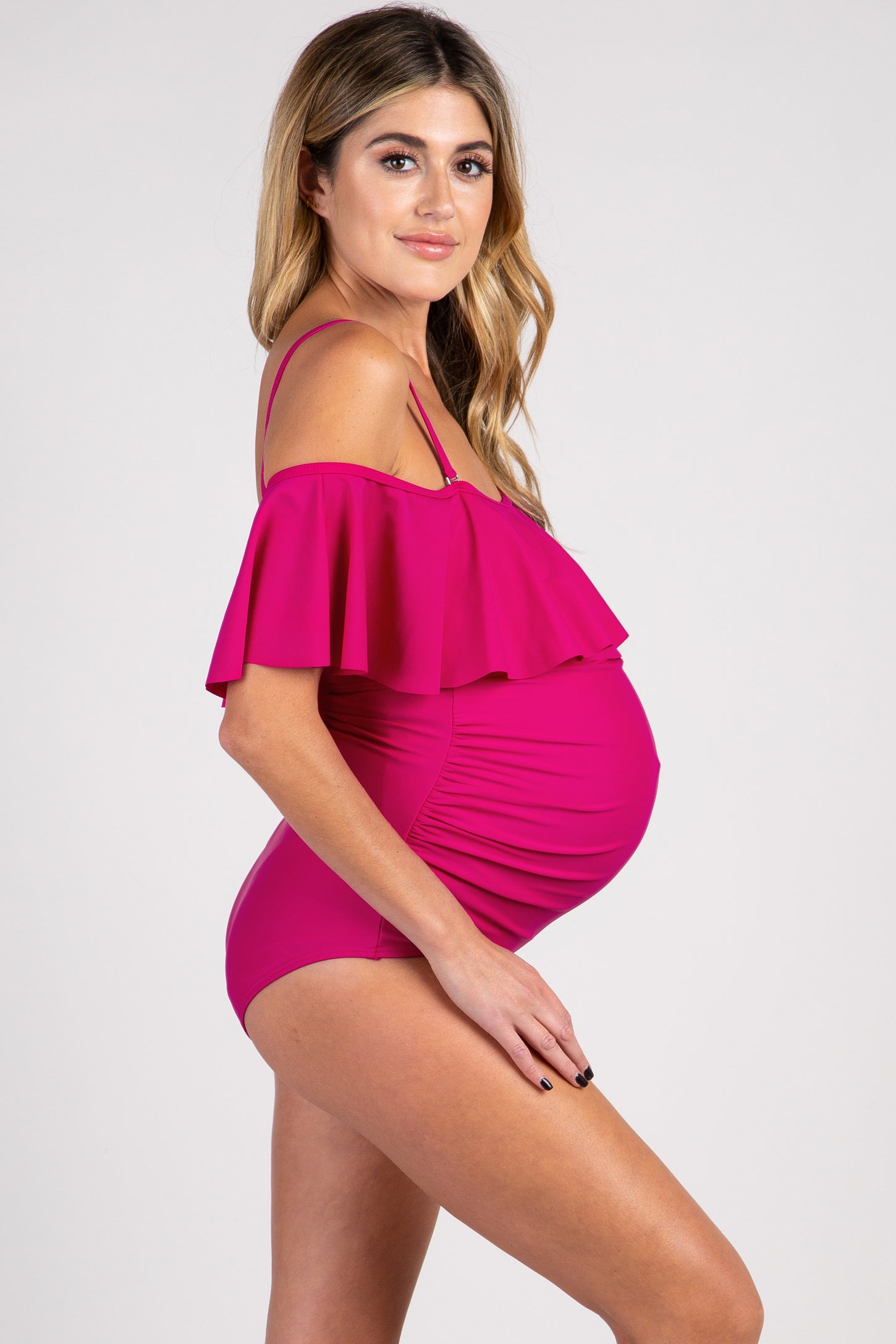 Fuchsia Ruffle Trim Ruched One-Piece Maternity Swimsuit
