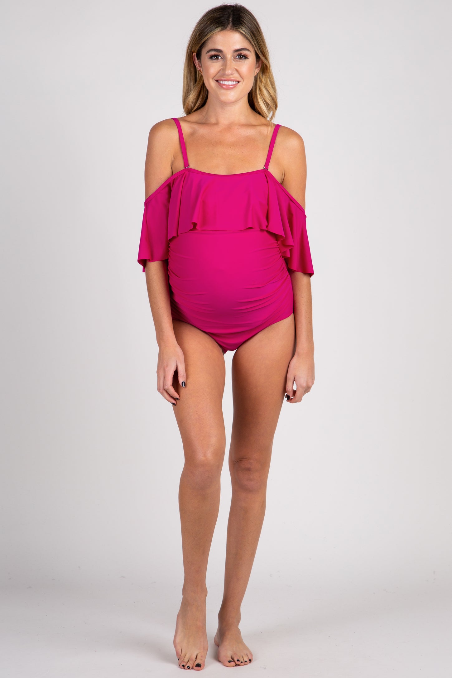 Fuchsia Ruffle Trim Ruched One-Piece Maternity Swimsuit