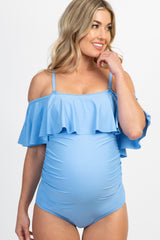 Light Blue Ruffle Trim Ruched One-Piece Maternity Swimsuit
