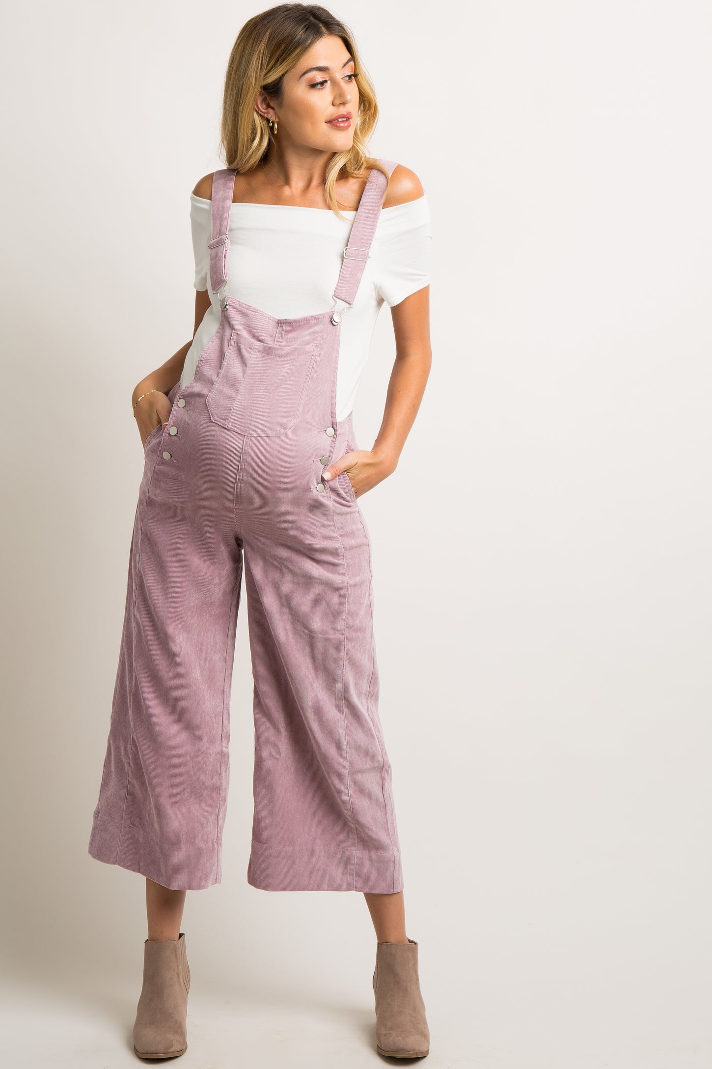 Pink Corduroy Pocket Front Maternity Overalls