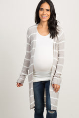 Grey Striped Knit Long Maternity Cardigan