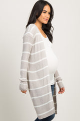 Grey Striped Knit Long Maternity Cardigan
