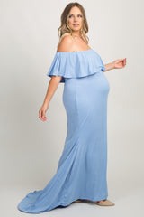Blue Ruffle Off Shoulder Mermaid Maternity Plus Photoshoot Gown/Dress