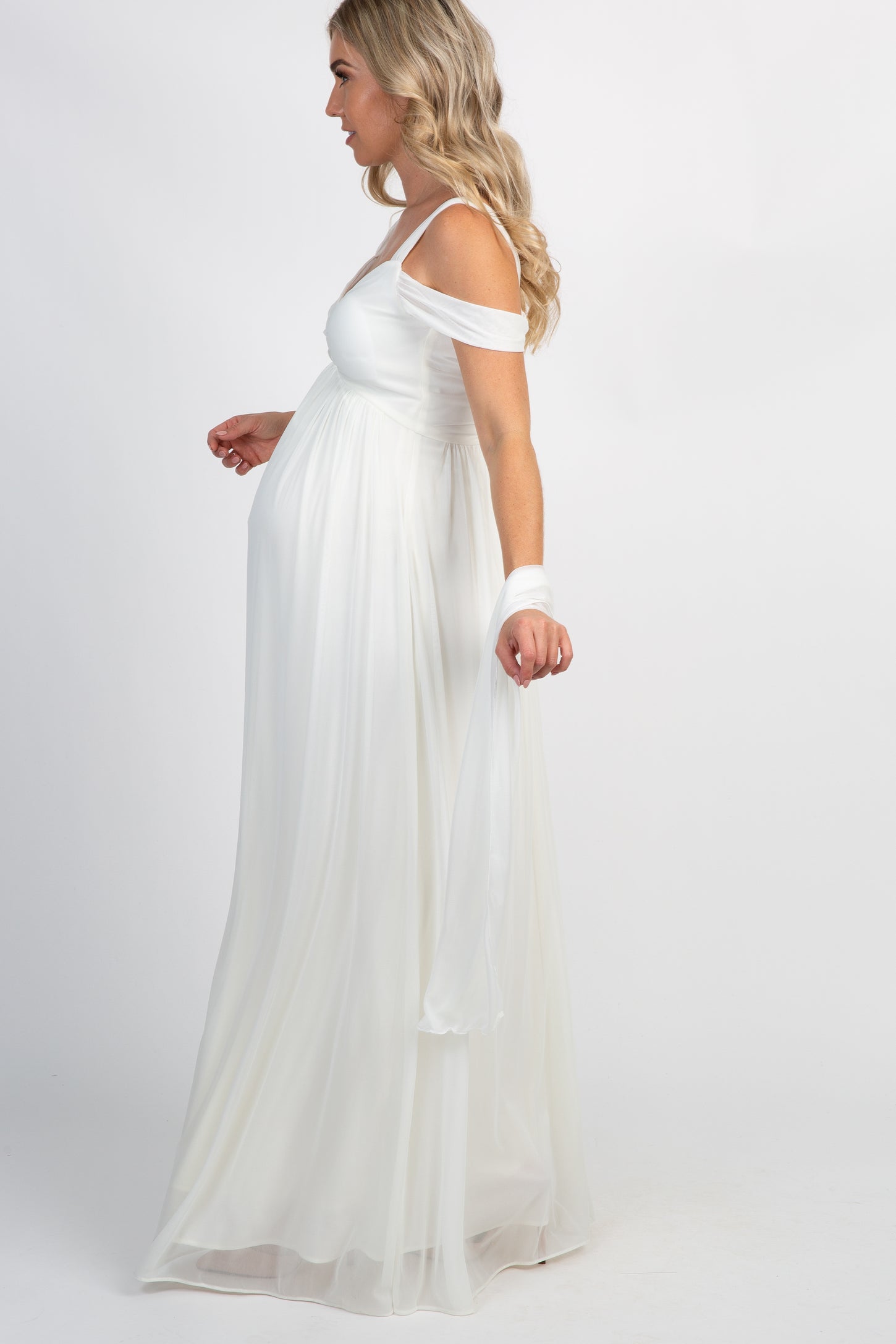 White Chiffon Cold Shoulder Maternity Evening Gown– PinkBlush