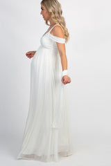 White Chiffon Cold Shoulder Maternity Evening Gown