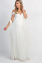White Chiffon Cold Shoulder Maternity Evening Gown