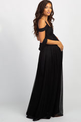 Black Chiffon Cold Shoulder Maternity Evening Gown