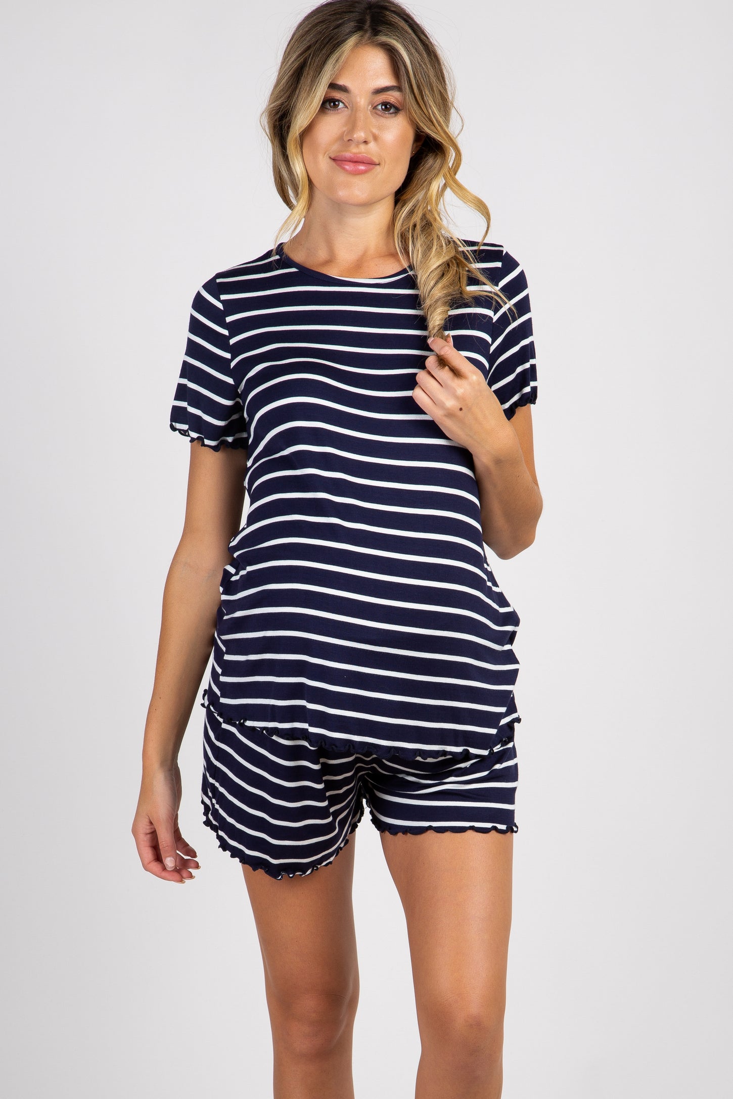 Navy Blue Striped Ruffle Trim Maternity Pajama Set