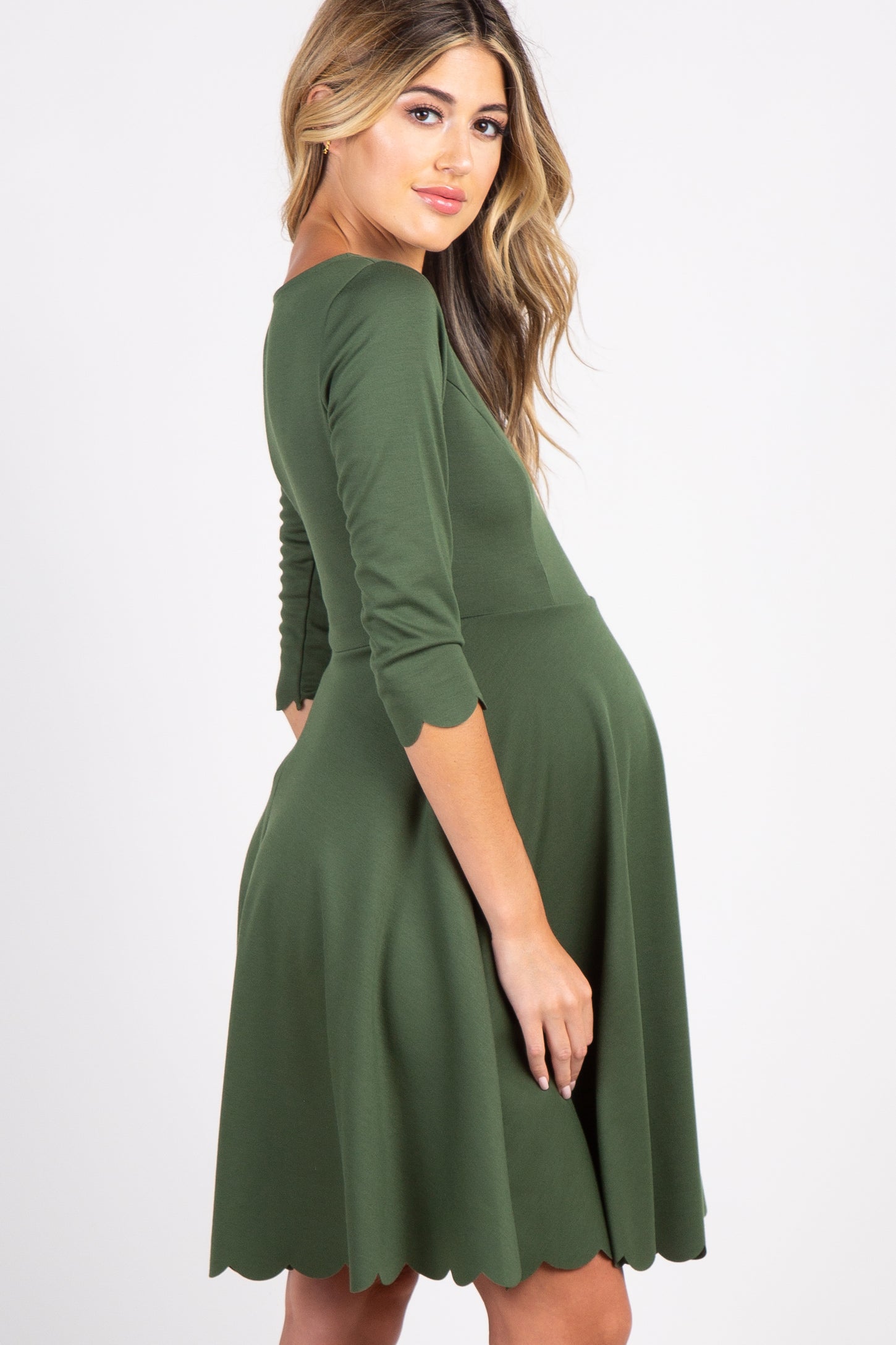 Olive Solid Scalloped Hem Maternity Dress