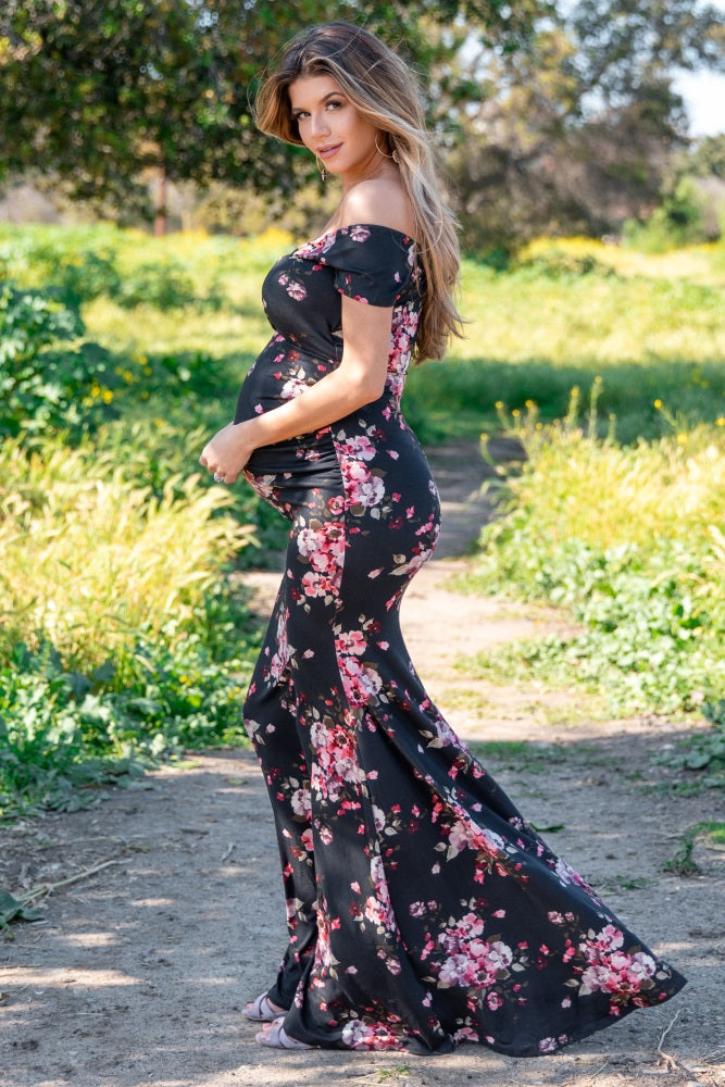 Black Floral Off Shoulder Wrap Maternity Photoshoot Gown/Dress– PinkBlush