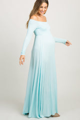 PinkBlush Light Blue Solid Off Shoulder Maternity Maxi Dress