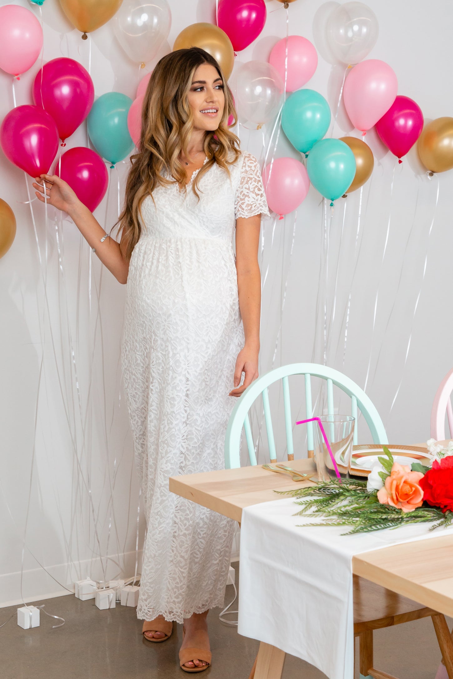 PinkBlush White Lace Overlay Wrap Maternity Maxi Dress