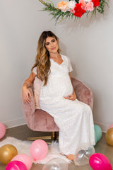 PinkBlush White Lace Overlay Wrap Maternity Maxi Dress
