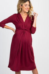Burgundy Twist Front 3/4 Sleeve Maternity Dress