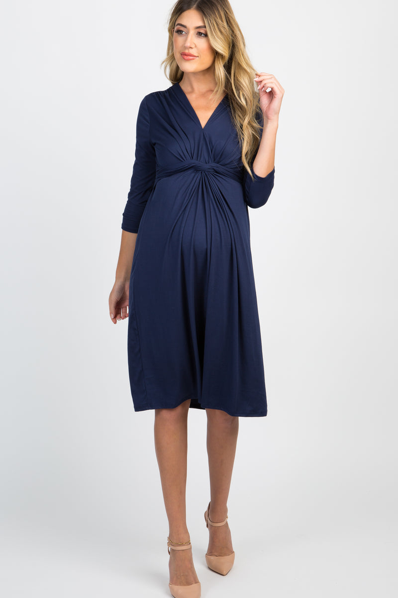 Navy Blue Twist Front 3/4 Sleeve Maternity Dress– PinkBlush