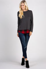 PinkBlush Charcoal Grey Solid Plaid Accent Long Sleeve Top