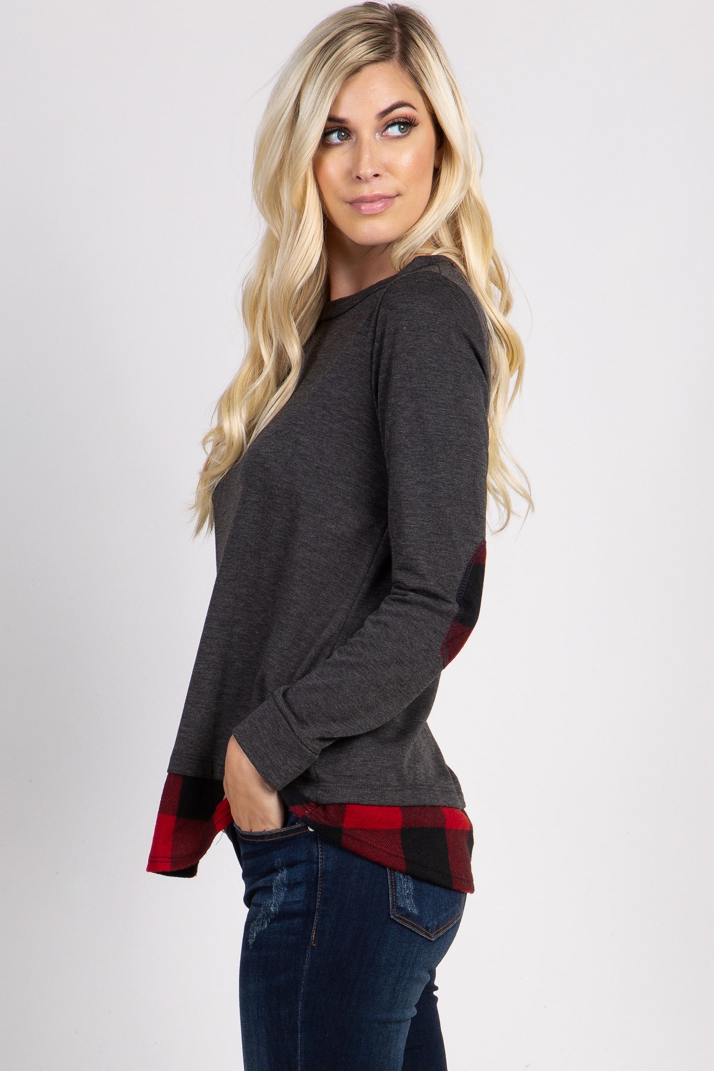 PinkBlush Charcoal Grey Solid Plaid Accent Long Sleeve Top