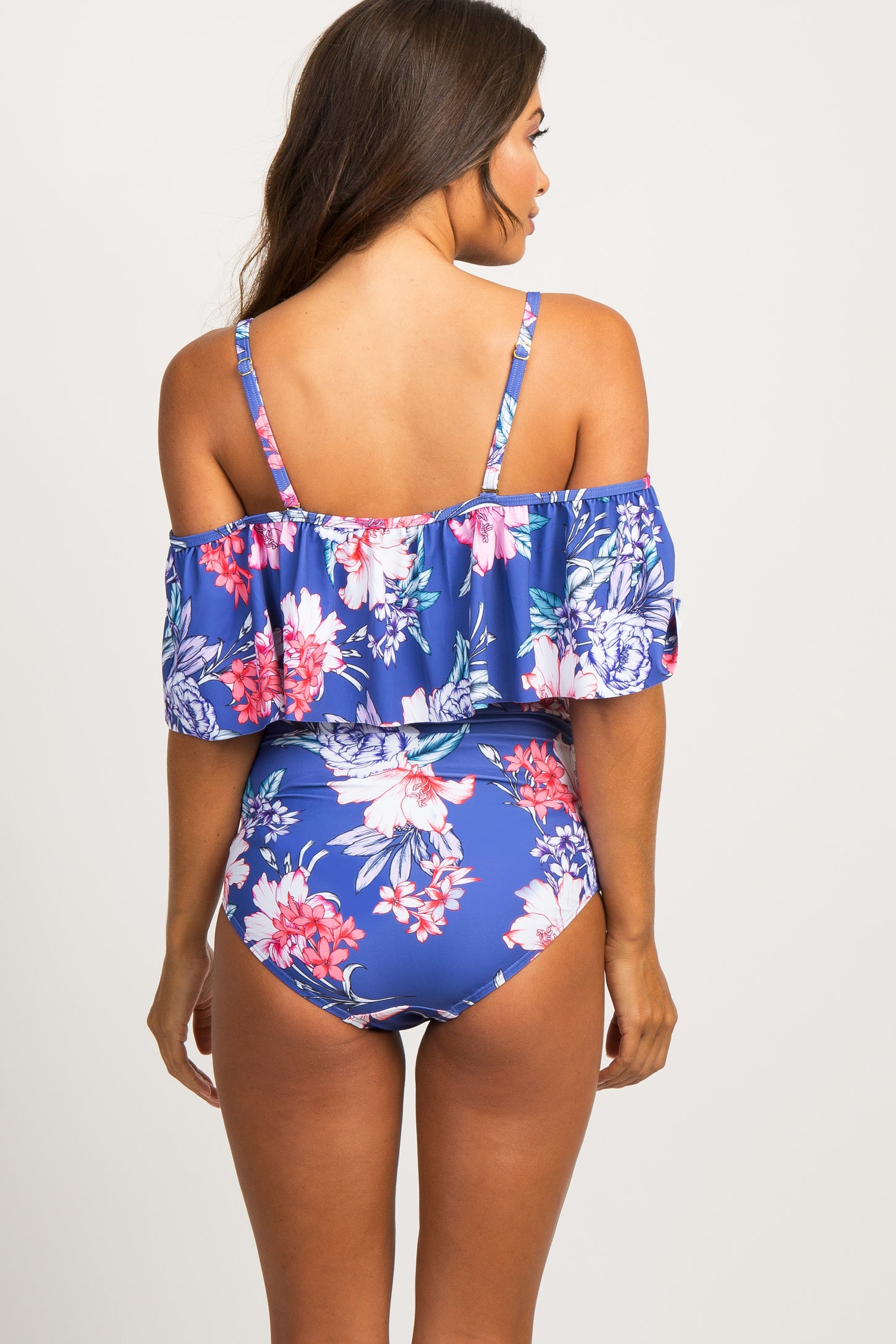 Periwinkle Floral Ruffle Trim Ruched One-Piece Maternity Swimsuit