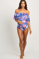 Periwinkle Floral Ruffle Trim Ruched One-Piece Maternity Swimsuit