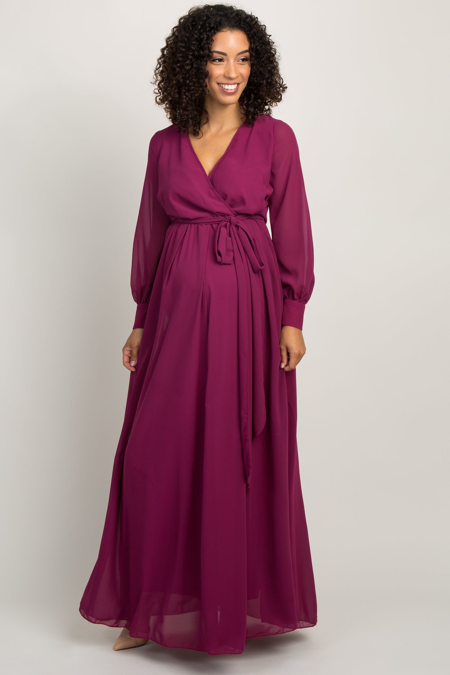 Magenta Chiffon Long Sleeve Pleated Maternity Maxi Dress– PinkBlush