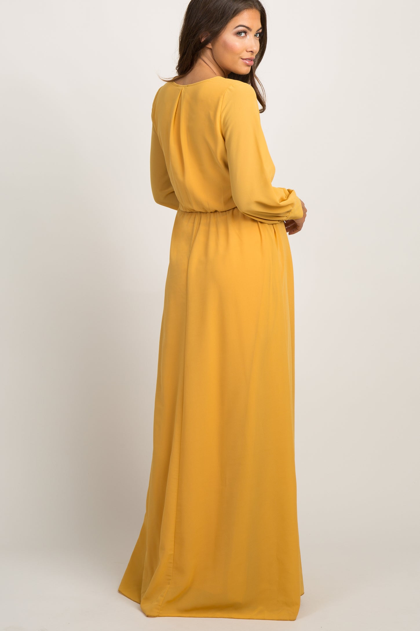 Yellow Chiffon Long Sleeve Pleated Maternity Maxi Dress