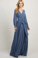 Blue Chiffon Long Sleeve Pleated Maternity Maxi Dress