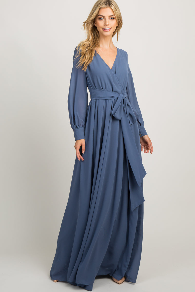 Blue Chiffon Long Sleeve Pleated Maxi Dress– PinkBlush
