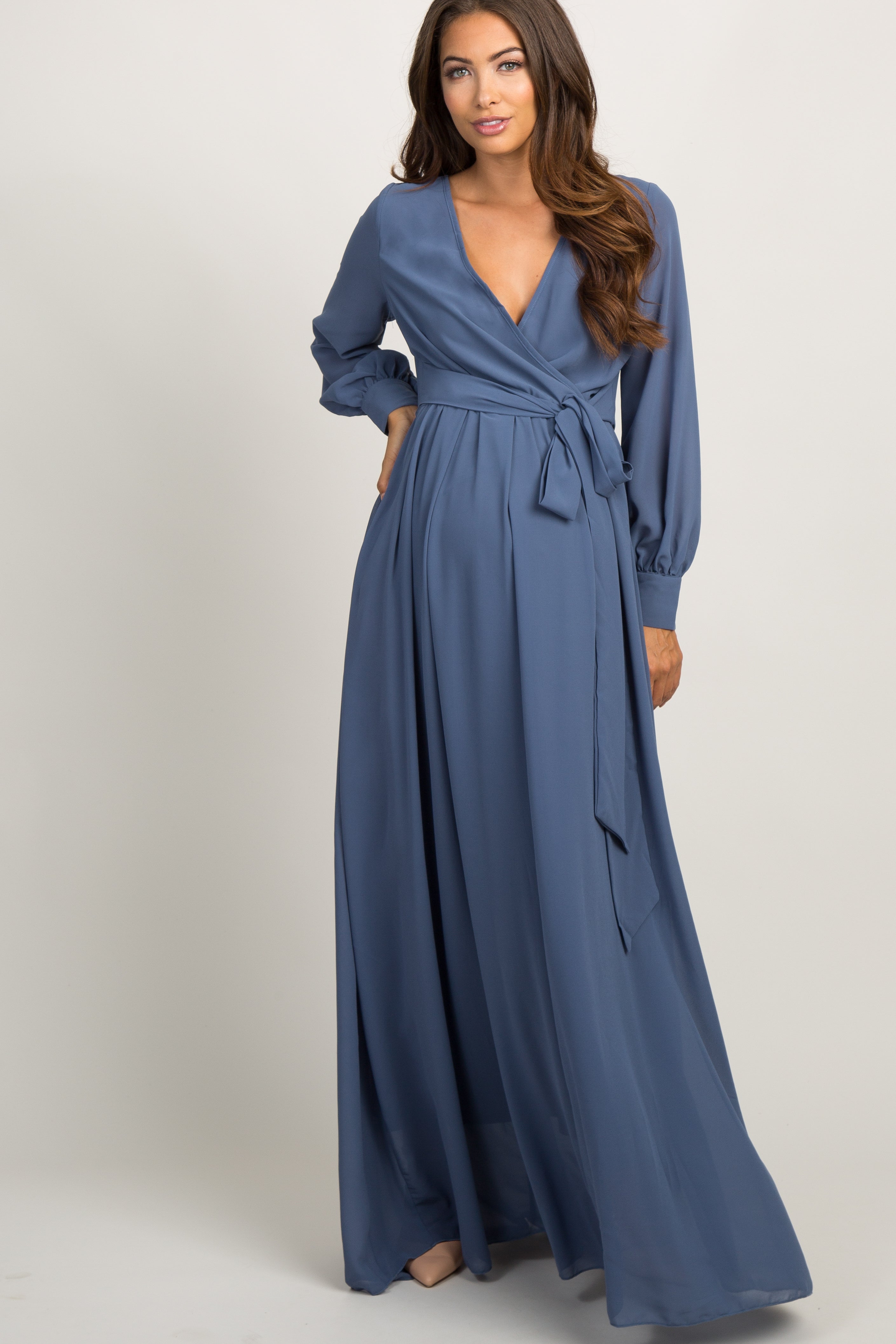 Blue Chiffon Long Sleeve Pleated Maternity Maxi Dress– PinkBlush
