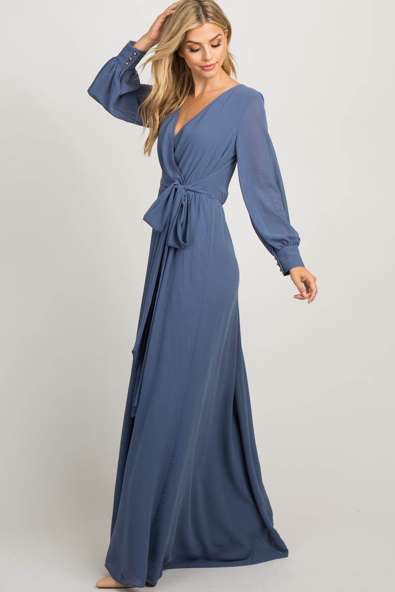 Blue Chiffon Long Sleeve Pleated Maxi Dress– PinkBlush