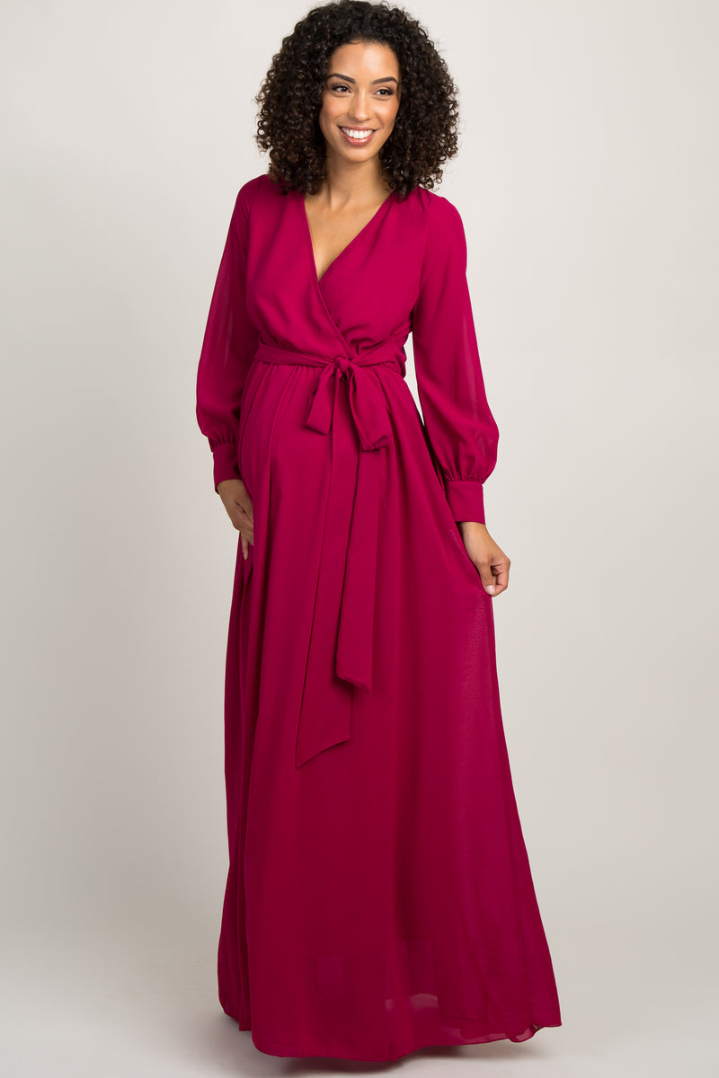 Fuchsia Chiffon Long Sleeve Pleated Maternity Maxi Dress – PinkBlush
