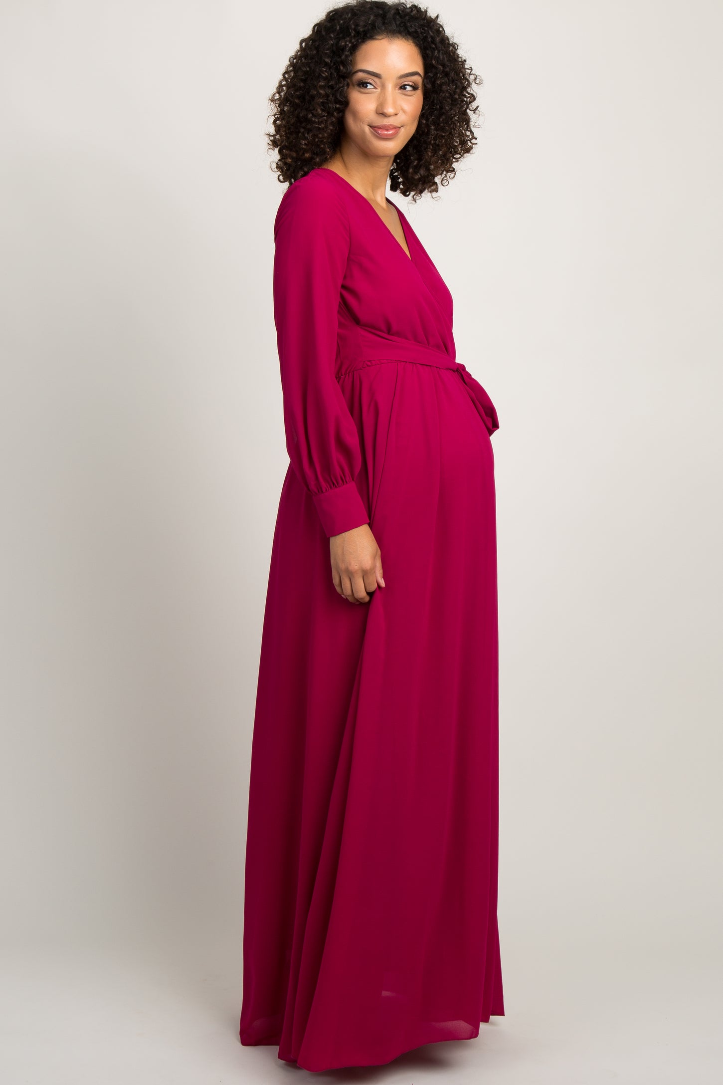 Fuchsia Chiffon Long Sleeve Pleated Maternity Maxi Dress– PinkBlush