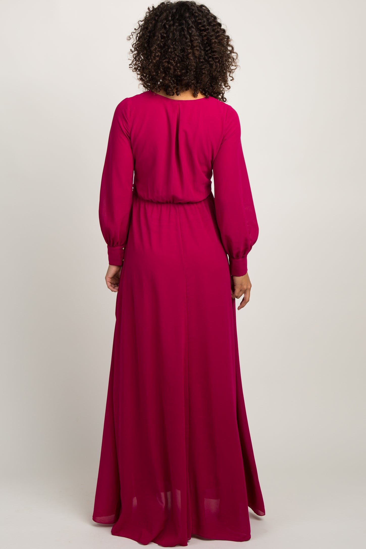 Fuchsia Chiffon Long Sleeve Pleated Maternity Maxi Dress