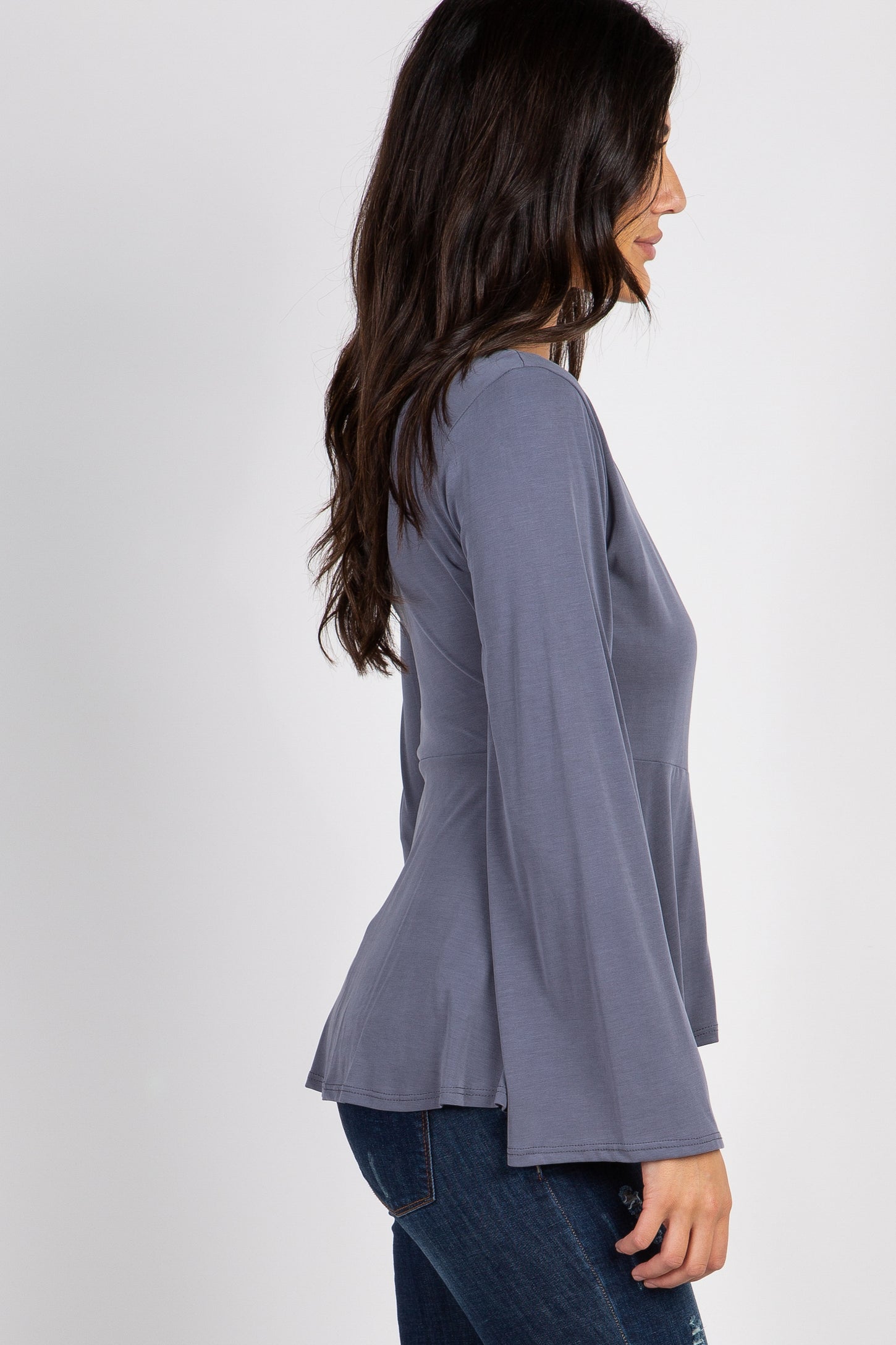 Grey Ruffle Accent Bell Sleeve Wrap Top