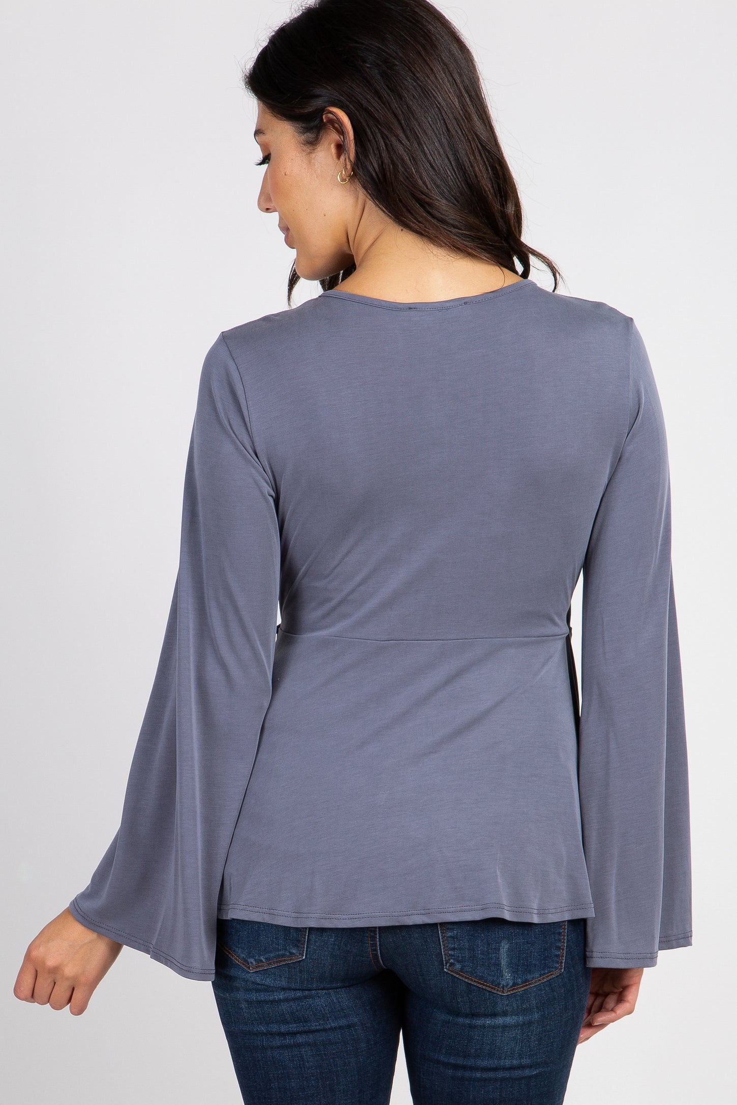 Grey Ruffle Accent Bell Sleeve Wrap Top