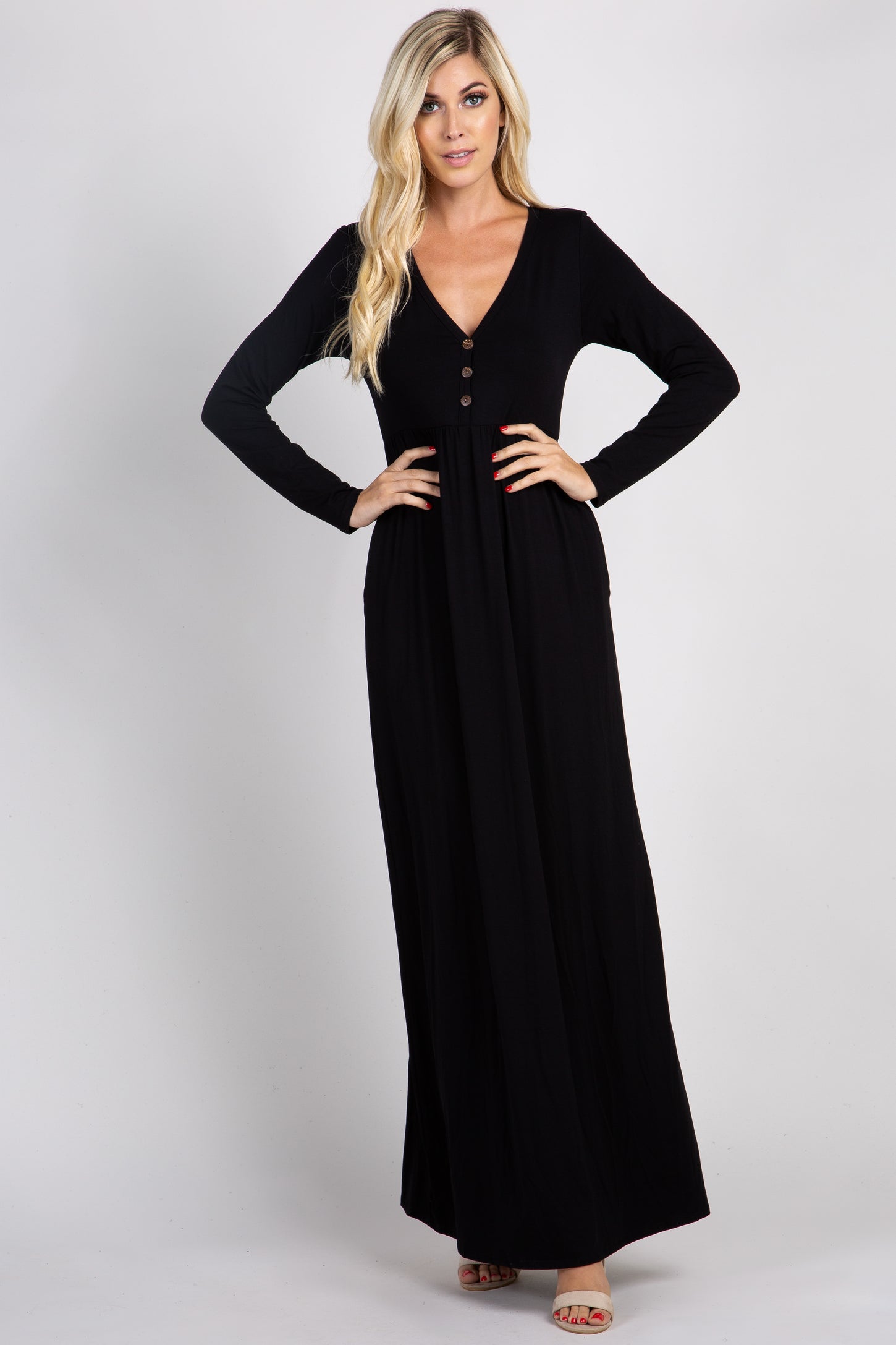 Black Solid Button Front Maxi Dress