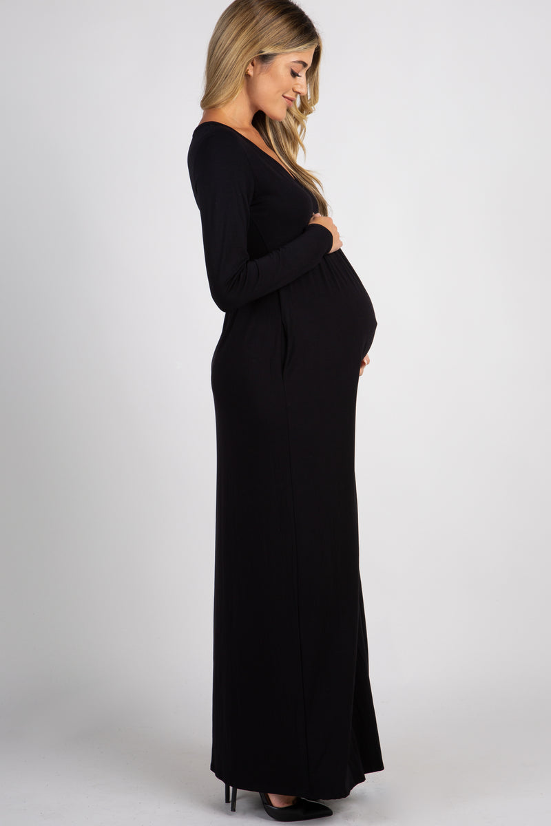 Black Solid Button Front Maternity Maxi Dress – PinkBlush
