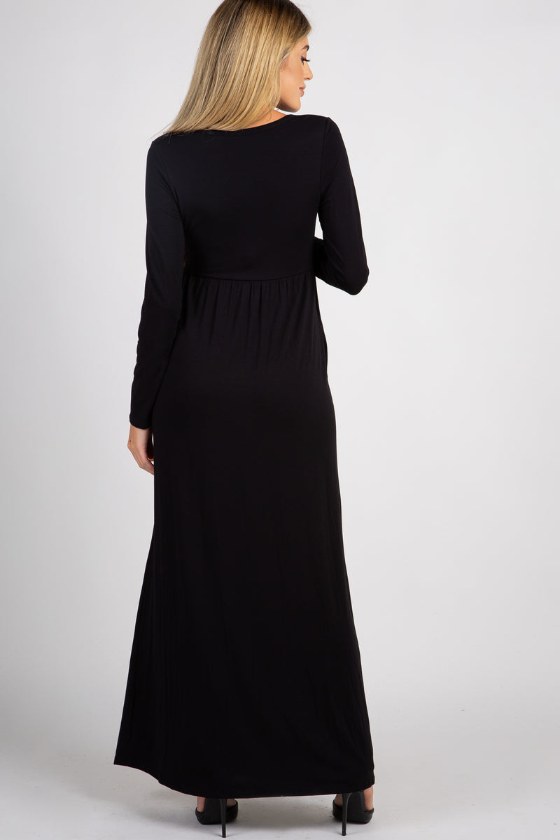 Black Solid Button Front Maternity Maxi Dress– PinkBlush