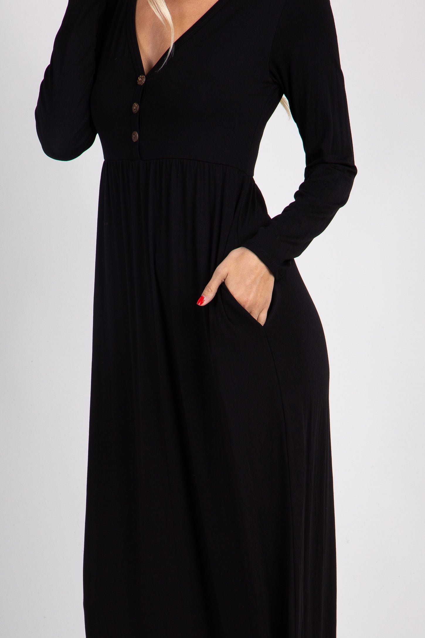 Black Solid Button Front Maxi Dress