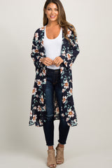 Navy Blue Floral Chiffon Long Cover Up