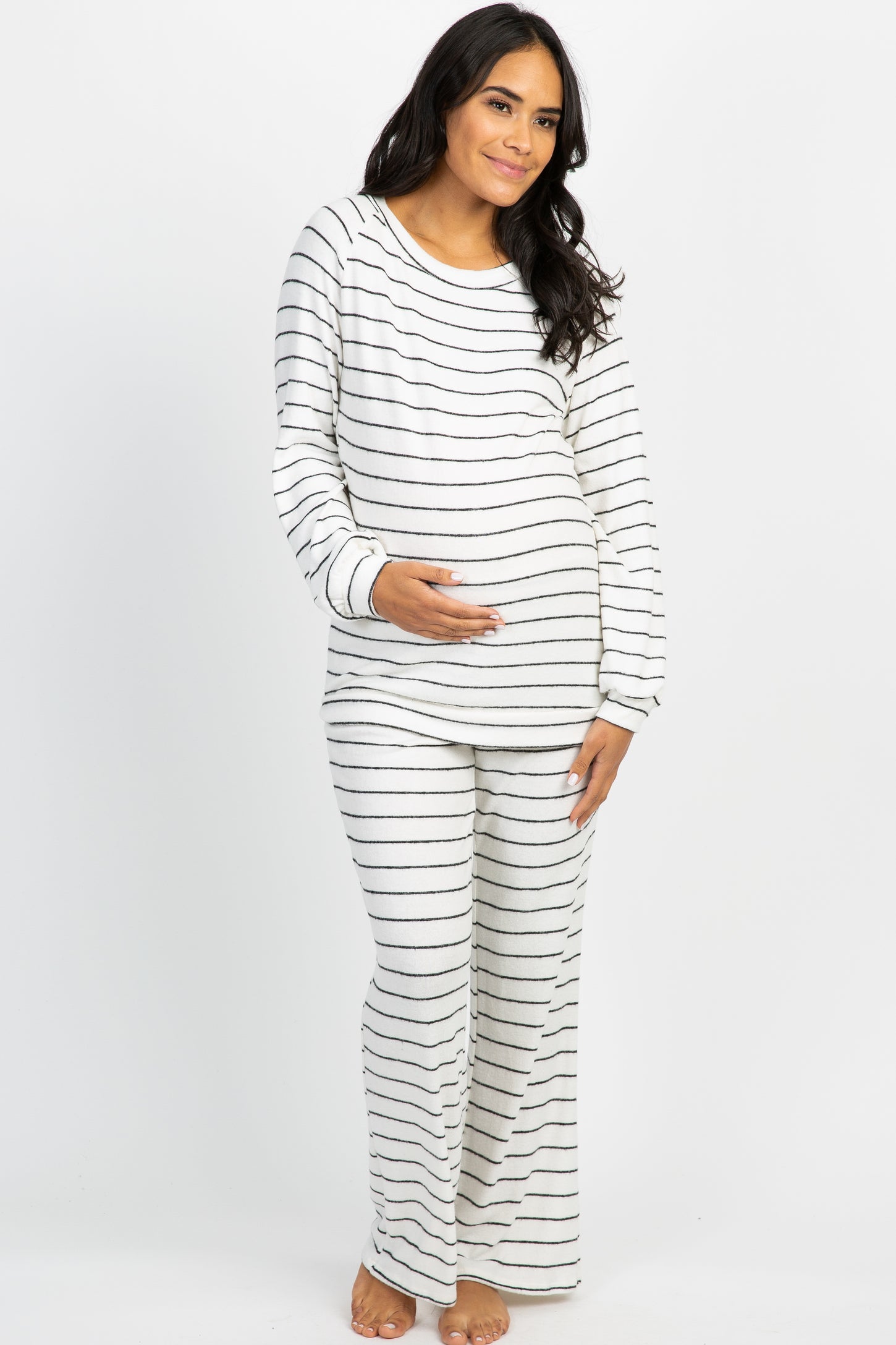 Ivory Striped Soft Long Sleeve Maternity Pajama Set
