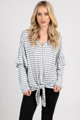 Heather Grey Striped Ruffle Sleeve Button Tie Front Top