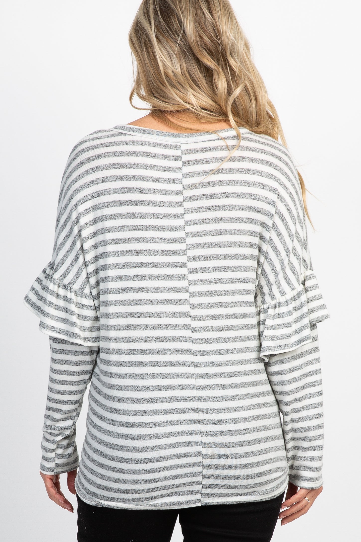 Heather Grey Striped Ruffle Sleeve Button Tie Front Maternity Top