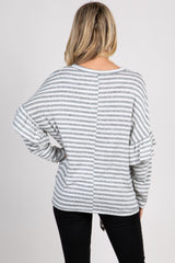 Heather Grey Striped Ruffle Sleeve Button Tie Front Top