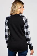 PinkBlush Black White Solid Long Plaid Sleeve Maternity Top