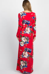Red Floral Front Twist Long Sleeve Maternity Maxi Dress