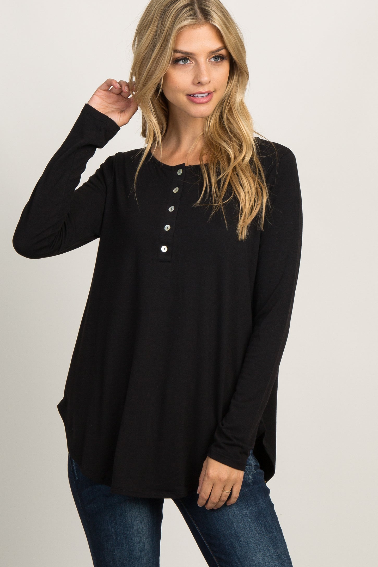 Black Solid Button Accent Long Sleeve Top