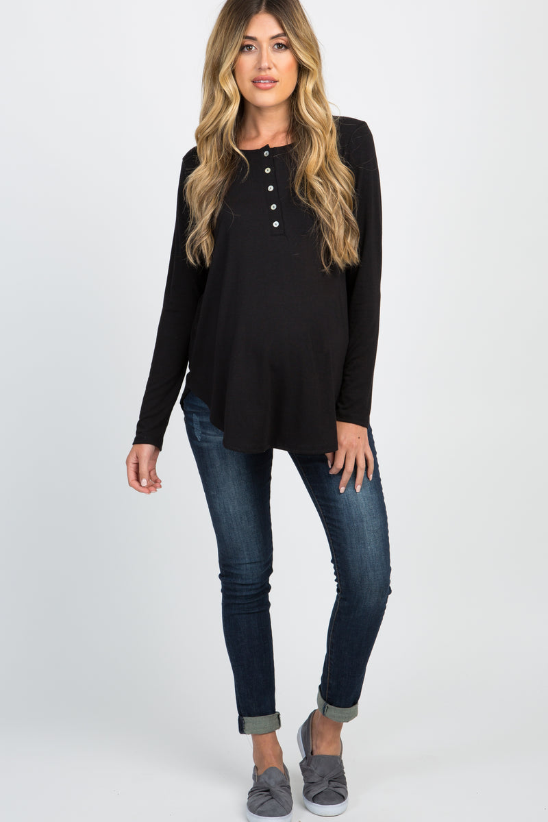 Black Button Accent Long Sleeve Maternity Top– PinkBlush