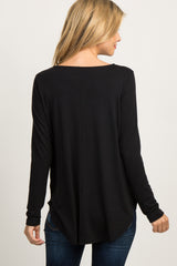 Black Solid Button Accent Long Sleeve Top